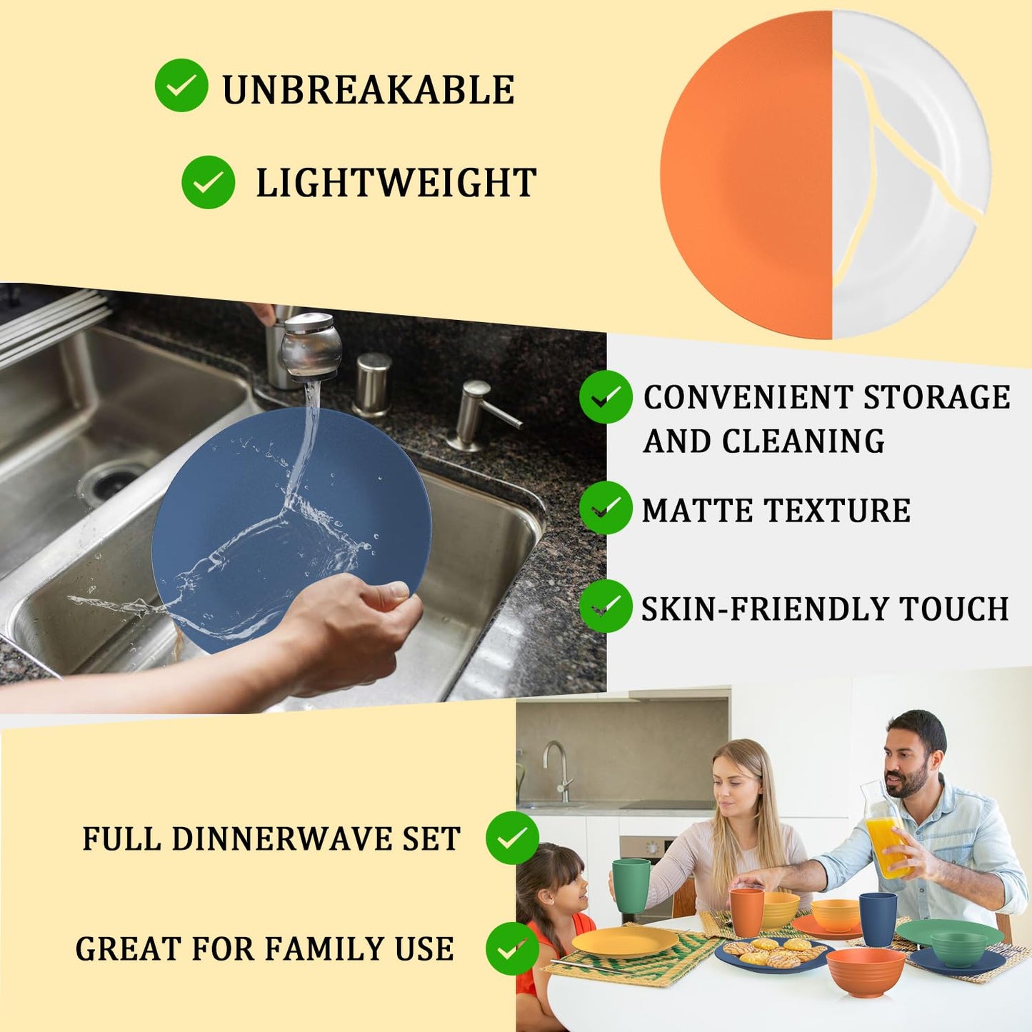 28 Piece Wheat Straw Dinnerware Sets,Dishwasher & Microwave Safe Plates and Bowls Sets - Unbreakable Plastic Dinnerware Sets for 4 Dinner Plates, Cups, Cereal Bowls - Colorful Series