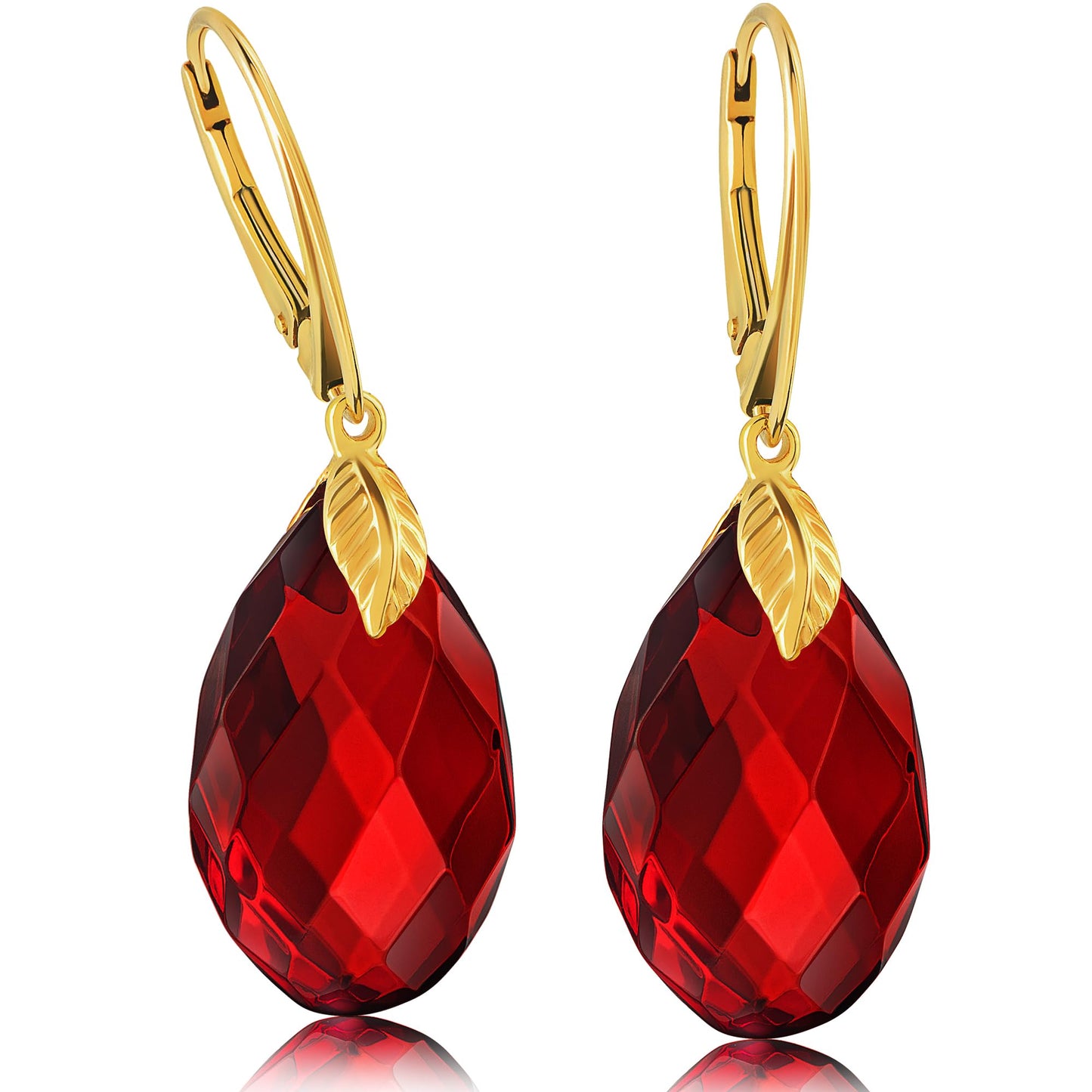 Red Earrings for Women - Gold Plated Silver Leaf Fitting and Closure, Lightweight Edgy Semi-Precious Stone Jewelry for Ladies, Garnet Red Amber Crystal Earrings