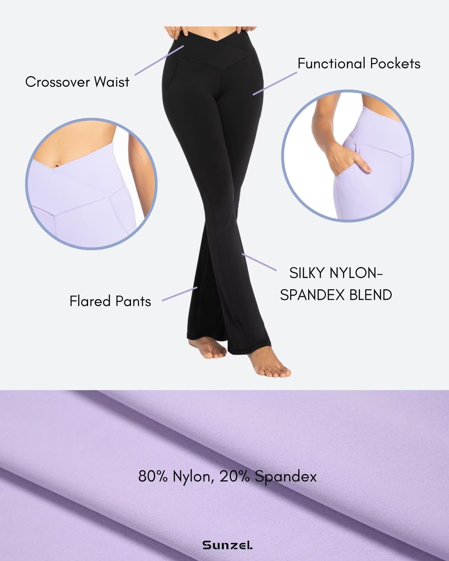 Sunzel Flare Leggings for Women with Pockets, Crossover Yoga Pants with Tummy Control, High Waisted and Wide Leg