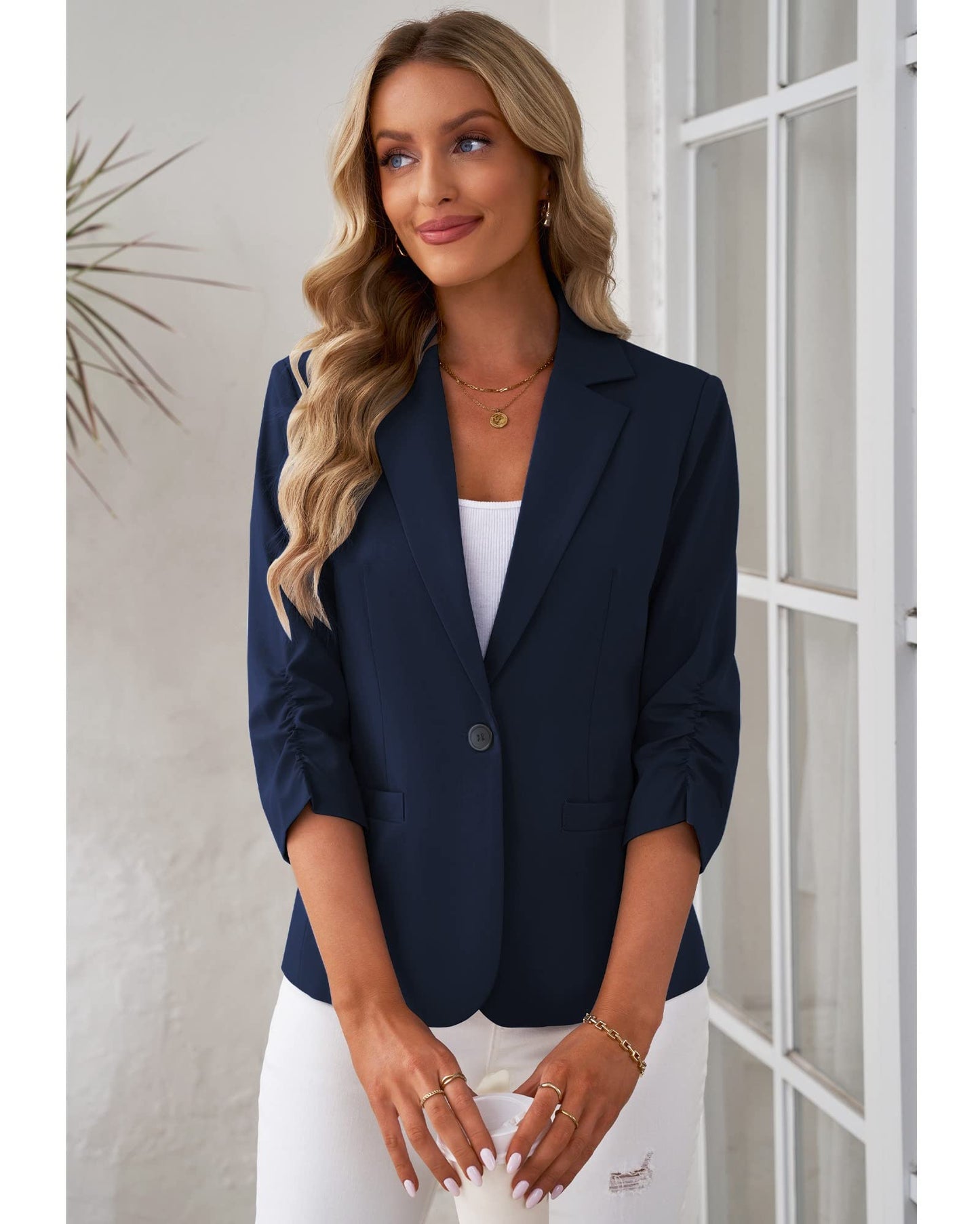 LookbookStore Blazer für Damen Anzugjacken Eleganter Blazer mit 3/4-Ärmeln Business-Casual-Outfits für die Arbeit