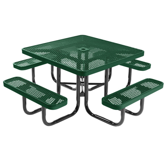 Table de pique-nique d'extérieur portable et robuste avec trou pour parasol, mobilier d'extérieur en métal déployé de qualité commerciale, fabriqué en Amérique (plateau carré de 46 po, vert) 