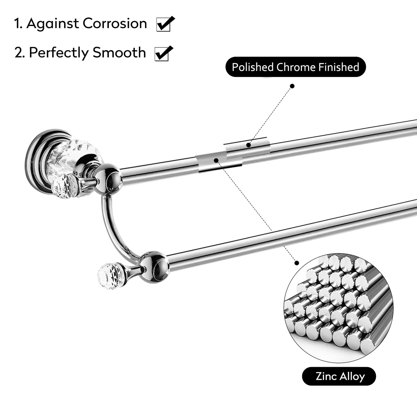 WINCASE Chrome Towel Bar, Adjustable Double Towel Holder, Silver Crystal Bathroom Towel Racks Wall Mounted