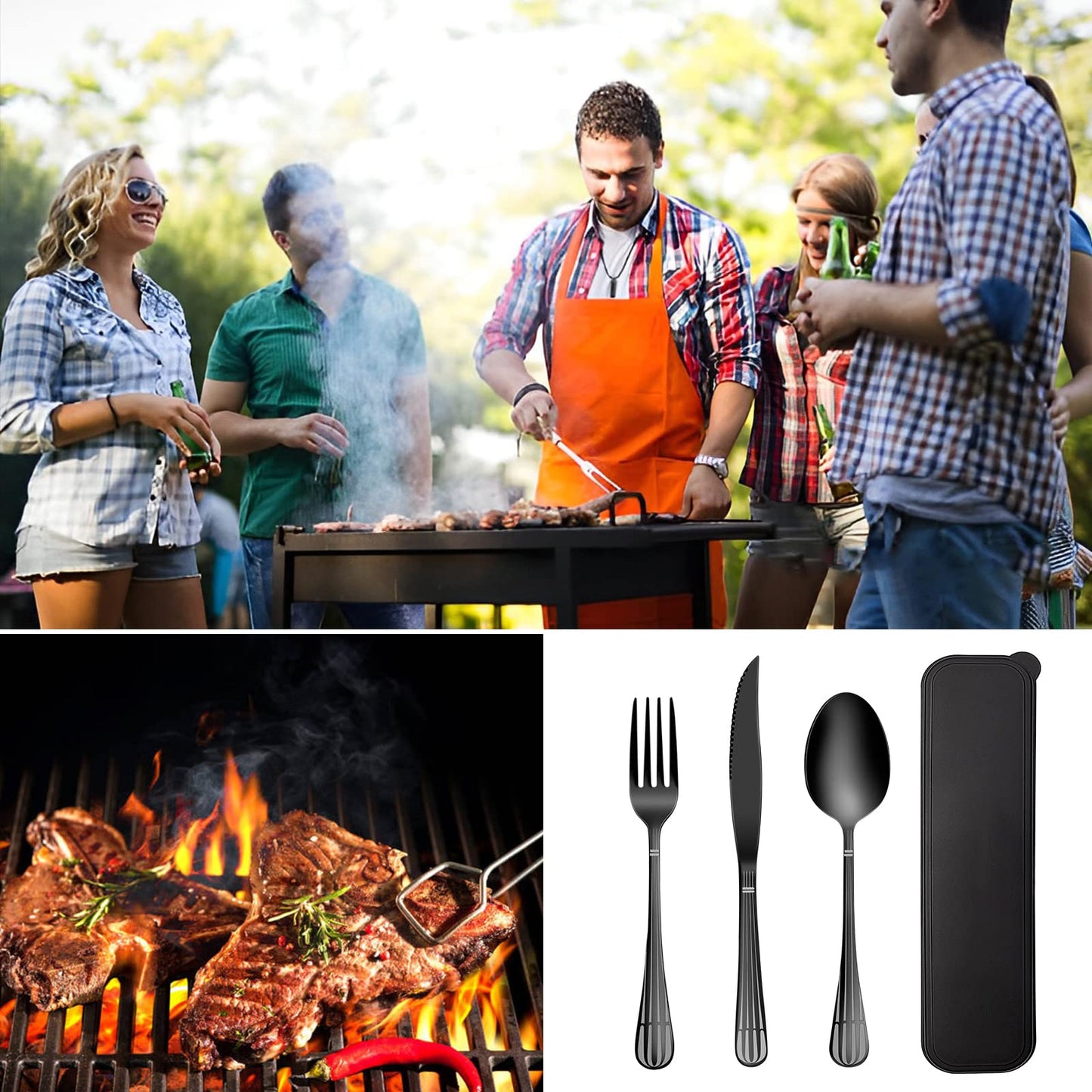 Portable Travel Utensils Set, 18/8 Stainless Steel 3 PCS Cutlery Set Including Knife Fork and Spoon, Reusable Travel Silverware Set with Case for Lunch Box Camping School Office