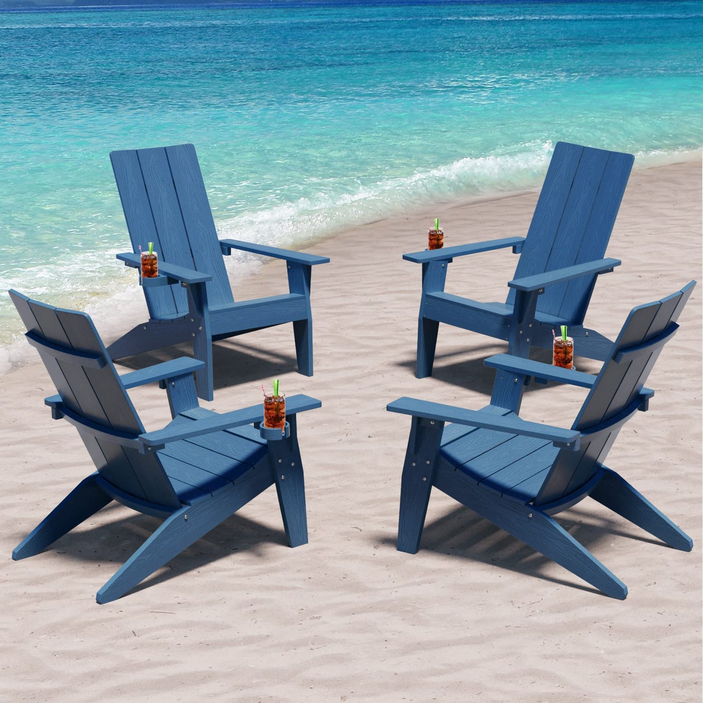 MXIMU Modern Adirondack Chairs Set of 4 Weather Resistant with Cup Holder Oversize Plastic Fire Pit Chairs Plastic Outdoor Chairs for Firepit Area Seating (Black)