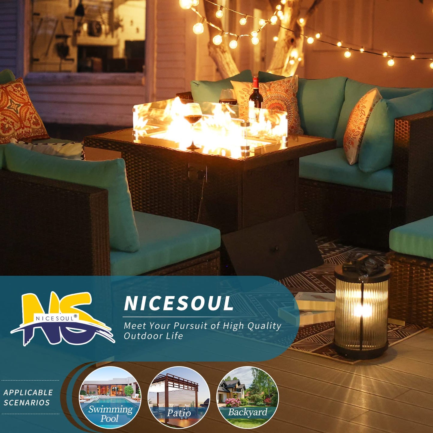 NICESOUL® 13-teiliges großes Luxus-Sofaset für die Terrasse mit Feuerstelle für Erdgas/Propan, 74 cm hohe Rückenlehne, Garten-Sitzgruppe, Gartensofa aus PE-Rattan, dunkelgrau 