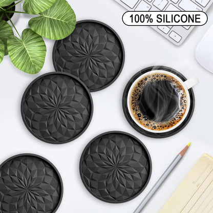 Silicone Coasters with Holder – 6-Pack, Thickened Non-Slip Deep Tray Drink Coasters