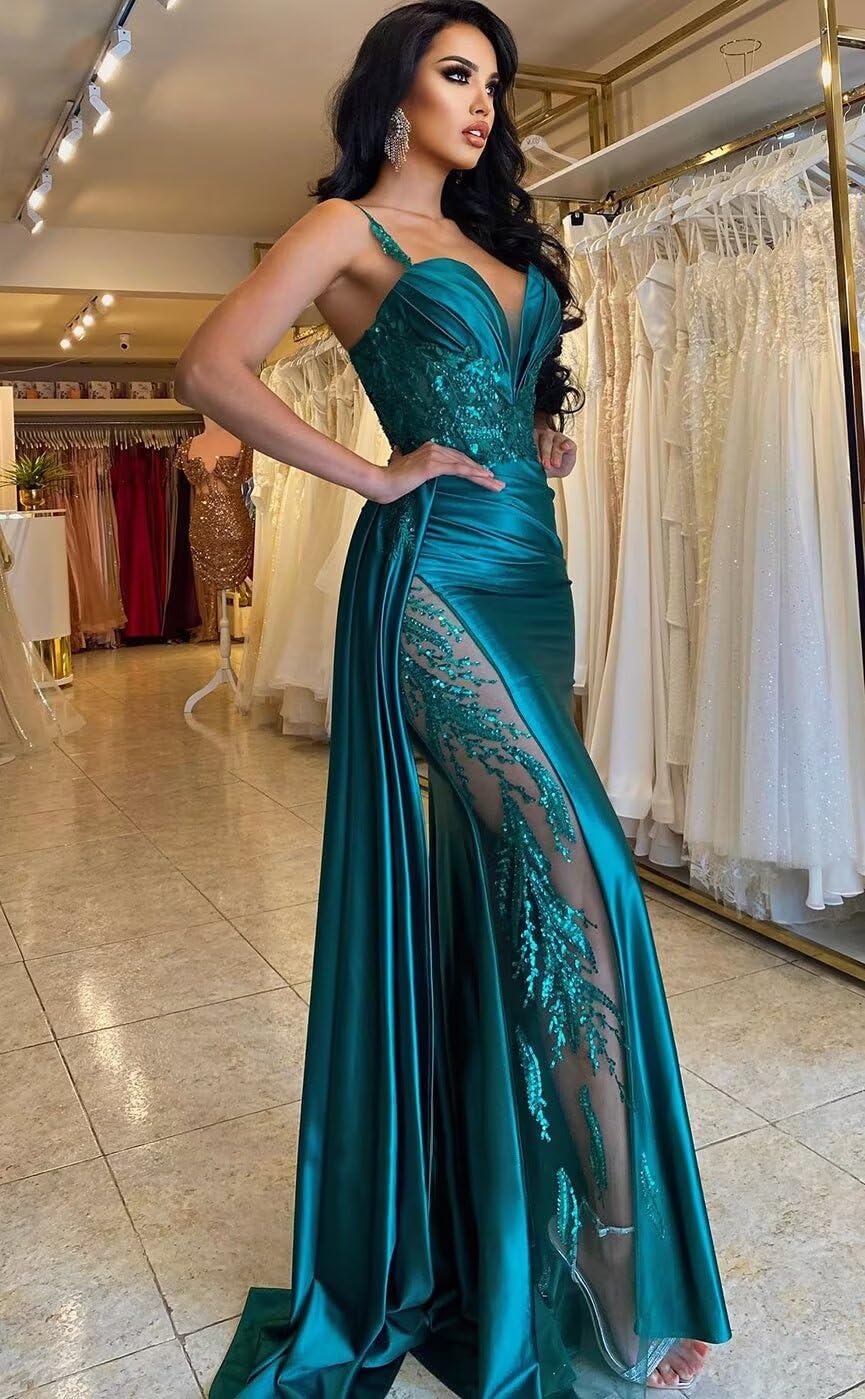 V Neck Satin Prom Dresses Long Mermaid Lace Evening Gown with Slit Pleated Bodycon Formal Dress with Tail