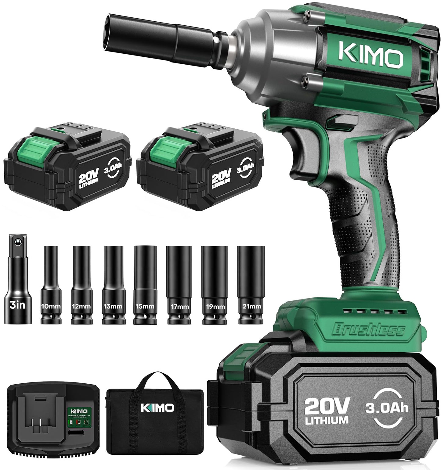 KIMO Impact Wrench 1/2 Cordless,550N.m/406ft-lbs Max Torque & 3000RPM, 2x20V 3.0Ah Battery, Impact Gun with 7 Drive Impact Sockets, 3 Inch Extension Bar, 1 Hour Fast Charger Impact Drill for Car Tires