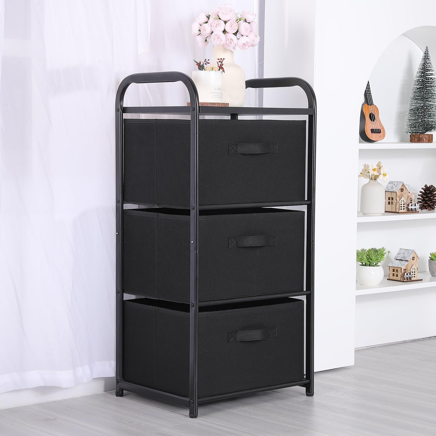 MAX Houser Dresser Storage with 3 Drawers, Fabric Dresser Tower, Vertical Storage Unit for Bedroom, Closet, Office, Black