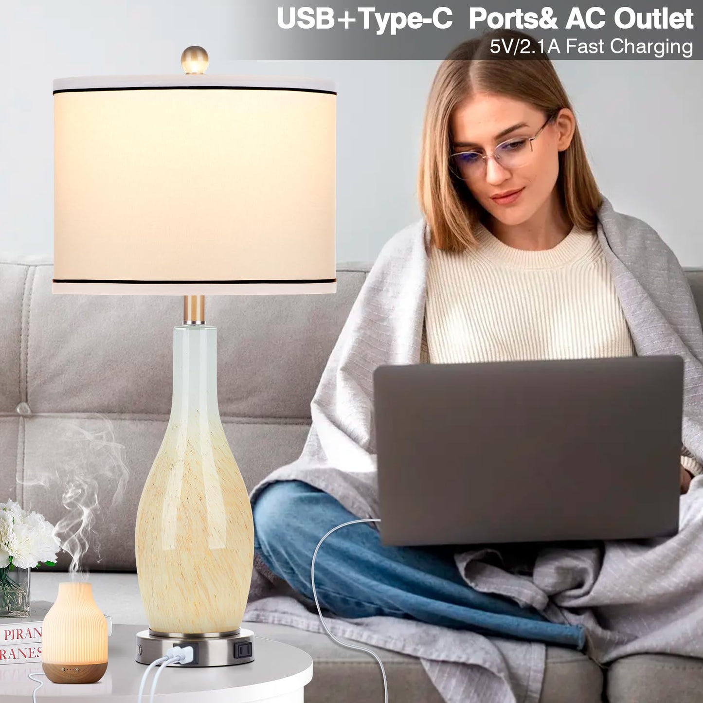 Lot de 2 lampes de table en verre de 27 pouces avec veilleuse, lampes de chevet modernes à commande tactile à 3 voies avec ports USB A+C et prise secteur, lampes de chevet jaunes bohèmes pour chambre à coucher et salon 