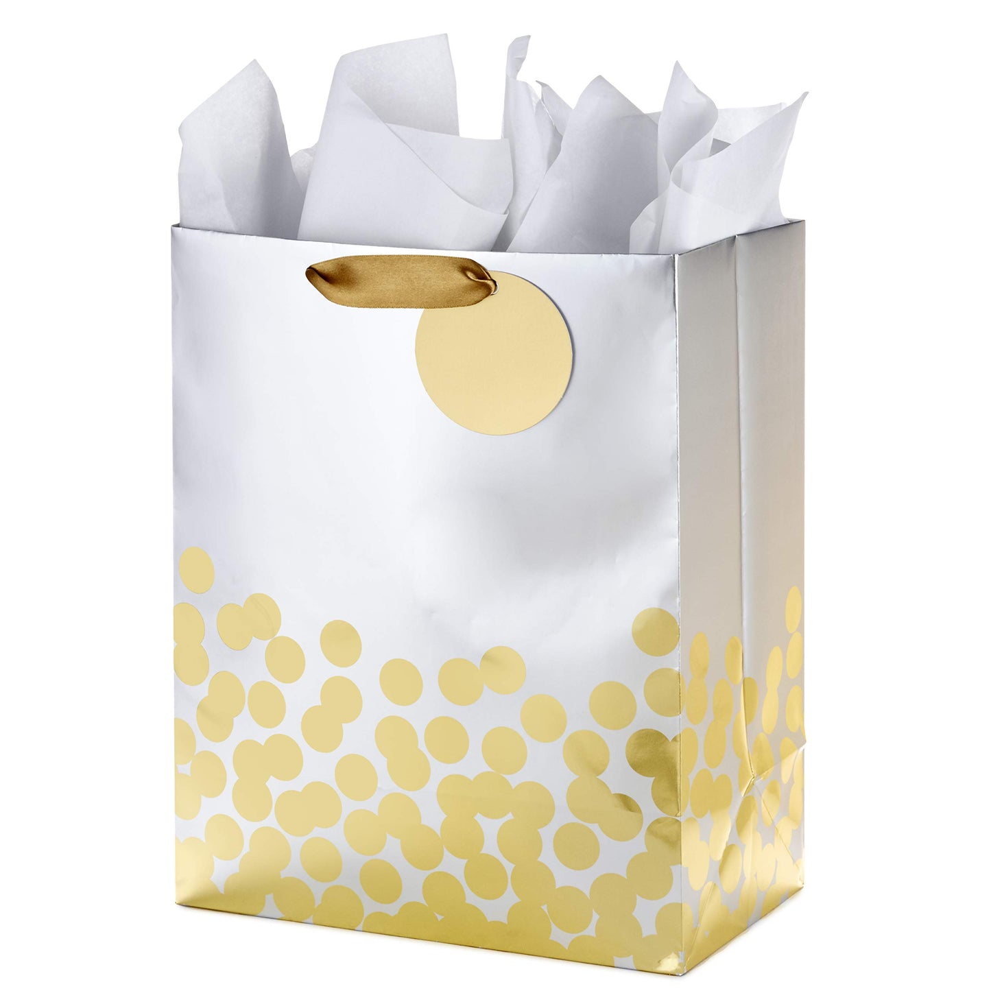 Hallmark 17" Extra Large Gift Bag with Tissue Paper (White with Gold Polka Dots) for Christmas, Hanukkah, Weddings, Engagements, Bridal Showers, Graduations, Retirements, Birthdays, Valentine's Day