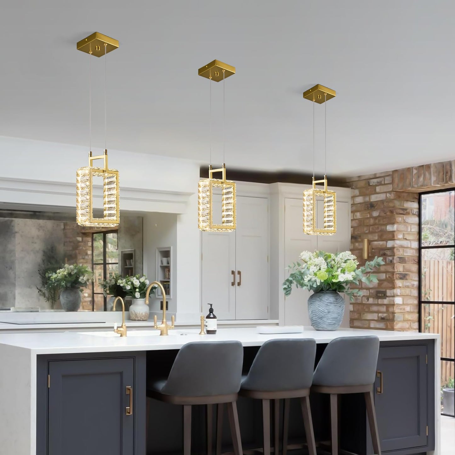 Kitchen Island Mini Light Fixture Modern Led Crystal Pendant Light Gold Rectangle Chandelier for Dining Room Living Room Kitchen Bedroom Bar（1-Pack）