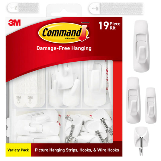 Command Variety Pack, Including 10 Pairs of Picture Hanging Strips, 6 Wire Hooks and 8 Utility Hooks for Hanging Christmas Decorations, Damage Free Hanging Up to 19 Items with Command Strips, 1 Kit