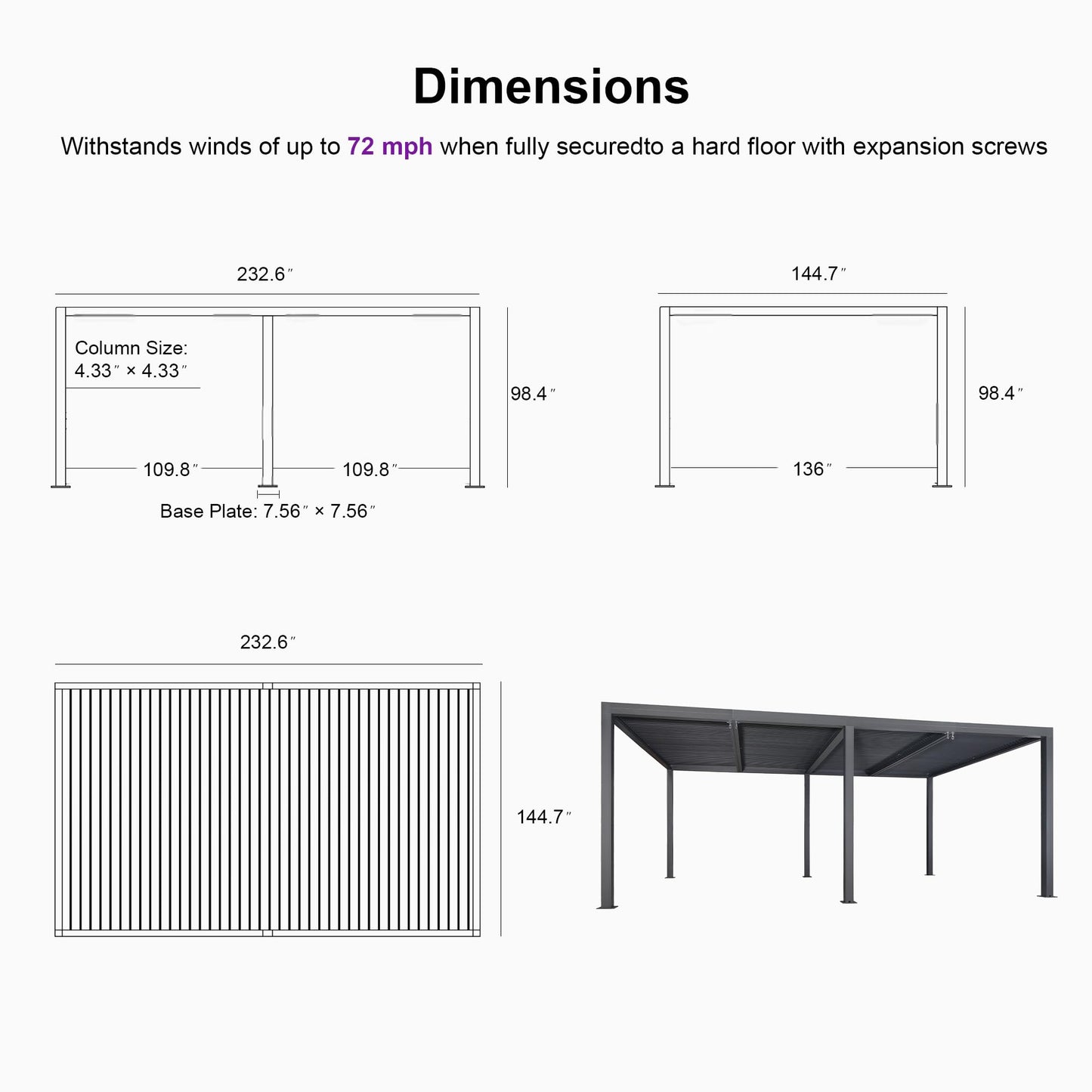 Pergola à persiennes PURPLE LEAF 94AS 11' x 14' Pergola extérieure en aluminium avec écran d'ombrage Toit réglable pour terrasse Arrière-cour Gazebo à toit rigide gris, 1 côté long et 2 côtés courts 