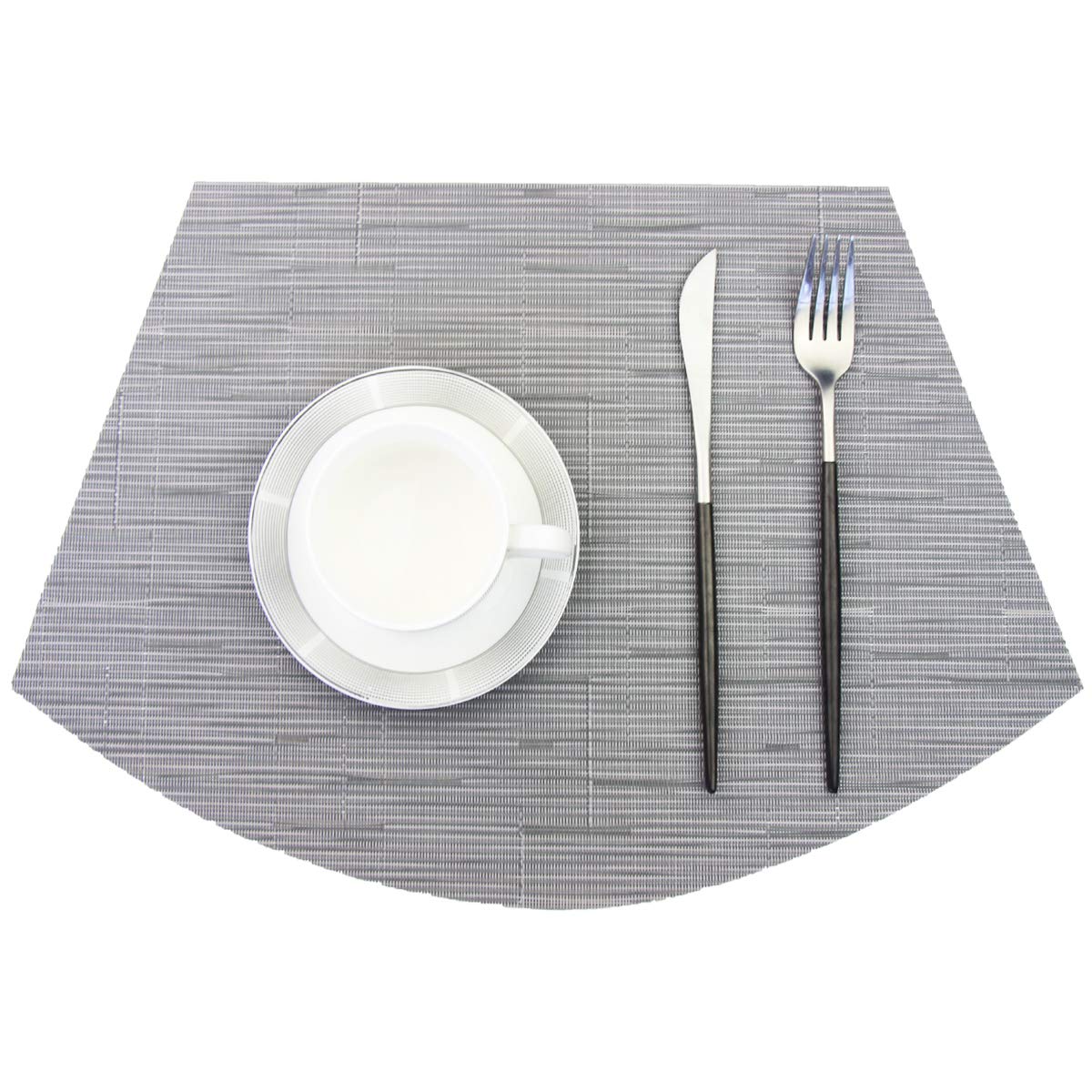 PIGCHCY Wedge Shaped Placemats for Dining Table Cross-Weave Washable Vinyl Placemat Heat Resistant Round Table Mats Set of 4 (Silver Grey)