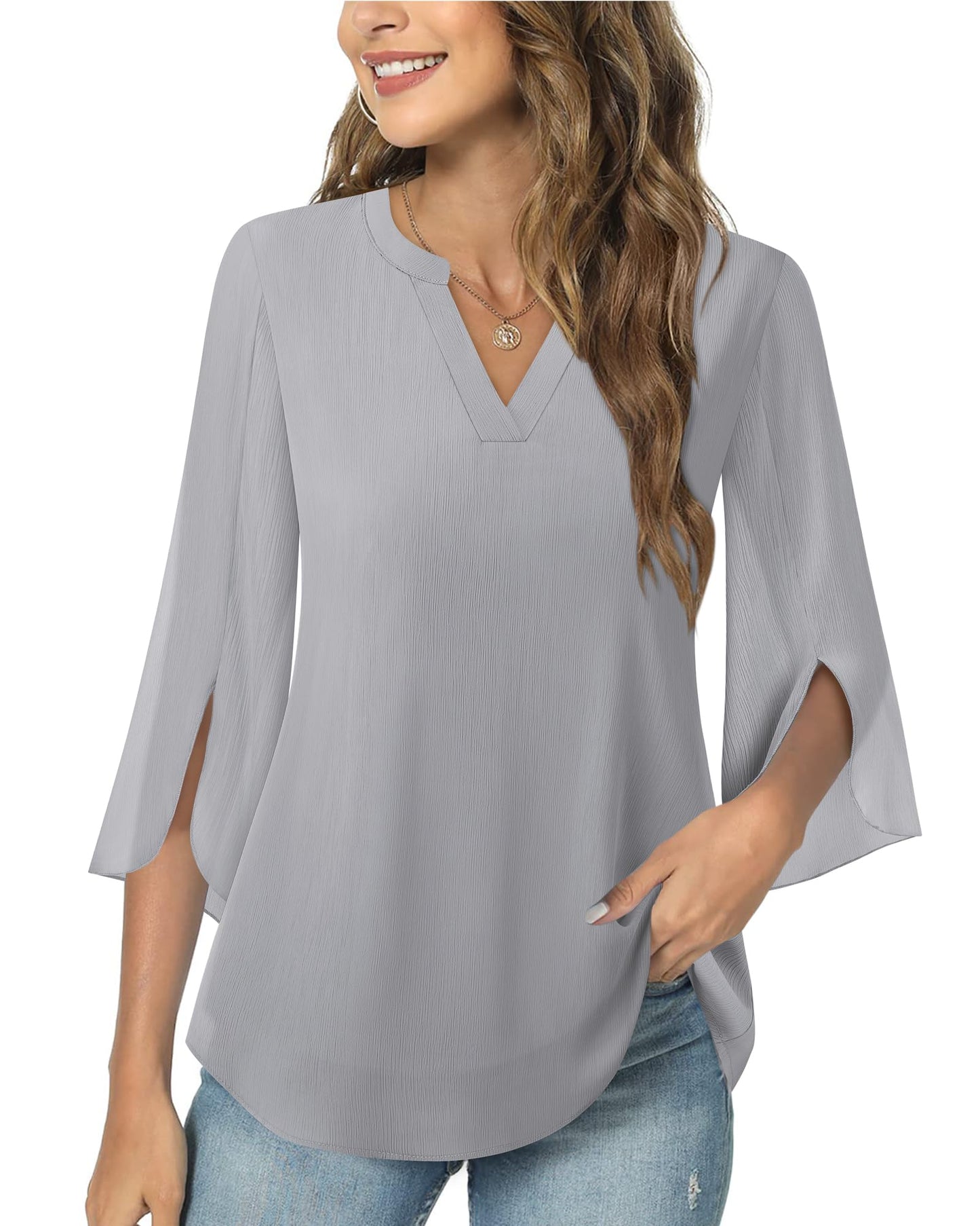 Timeson Women's 3/4 Sleeve Chiffon Blouse Shirt V Neck Dressy Tunic Tops