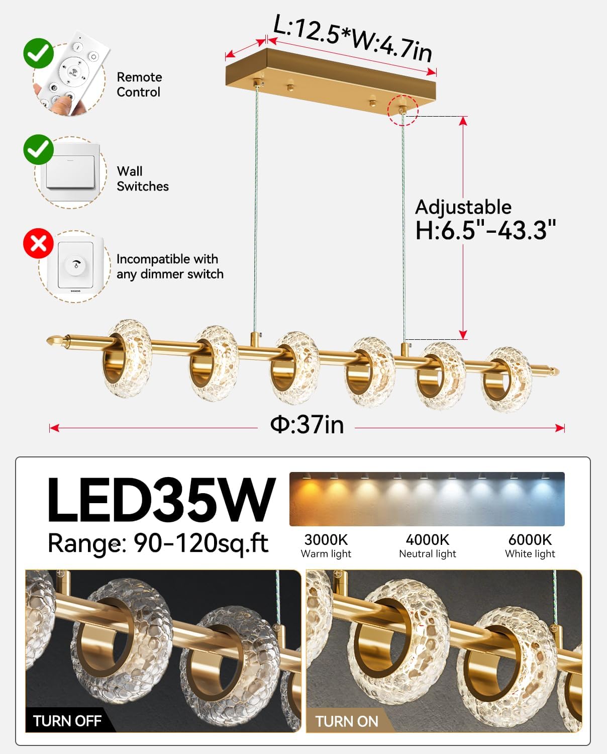 Dimmable Modern LED Chandelier with Remote Control, Crystal Dining Room Light Fixtures Over Table, 3000K-6500K Gold Linear Pendant Light for Kitchen Island