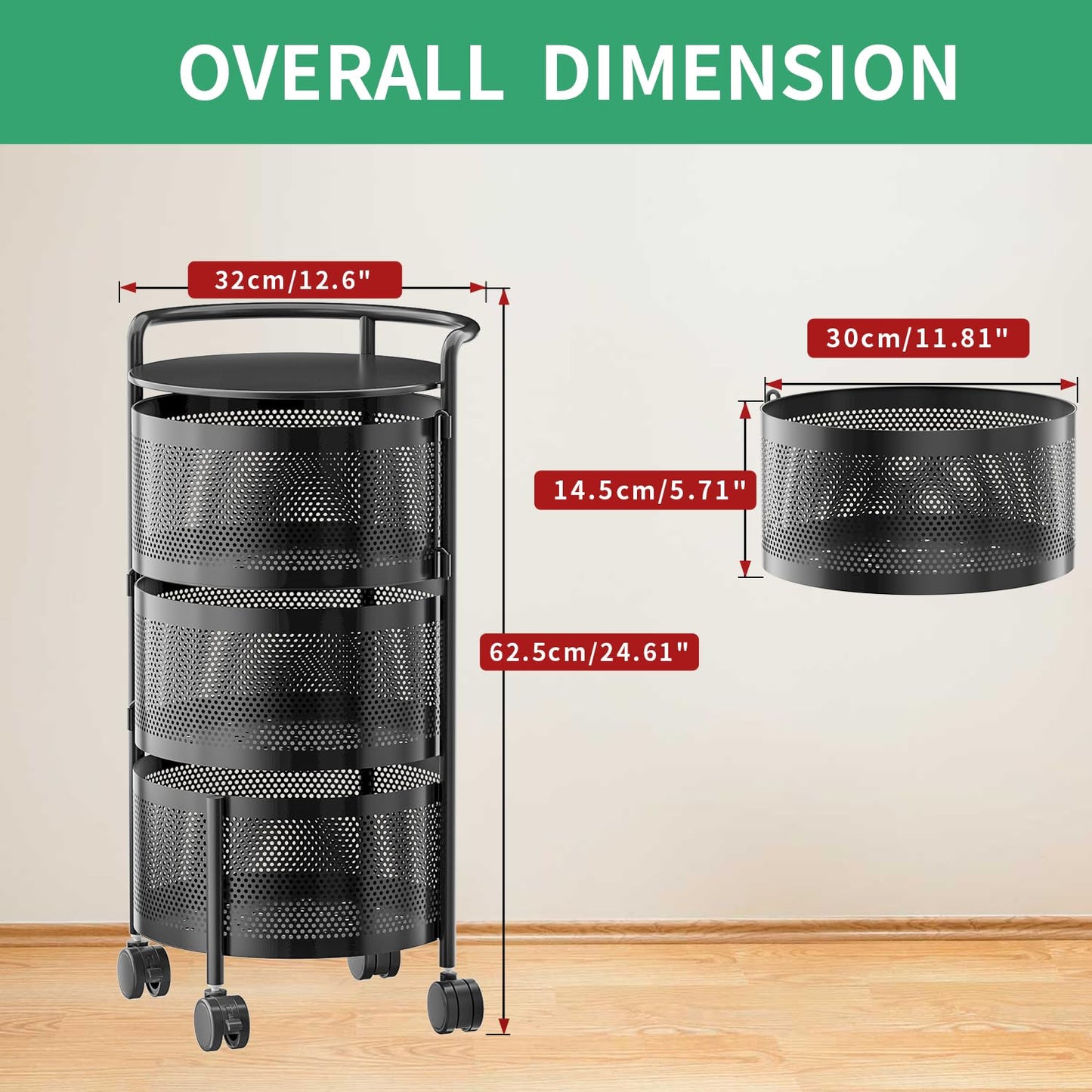 No Assembly Required Vegetable Storage Rack, 4-Tier Rotating Fruit Basket with Wheels, Heavy Duty Carbon Steel Kitchen Storage Cart