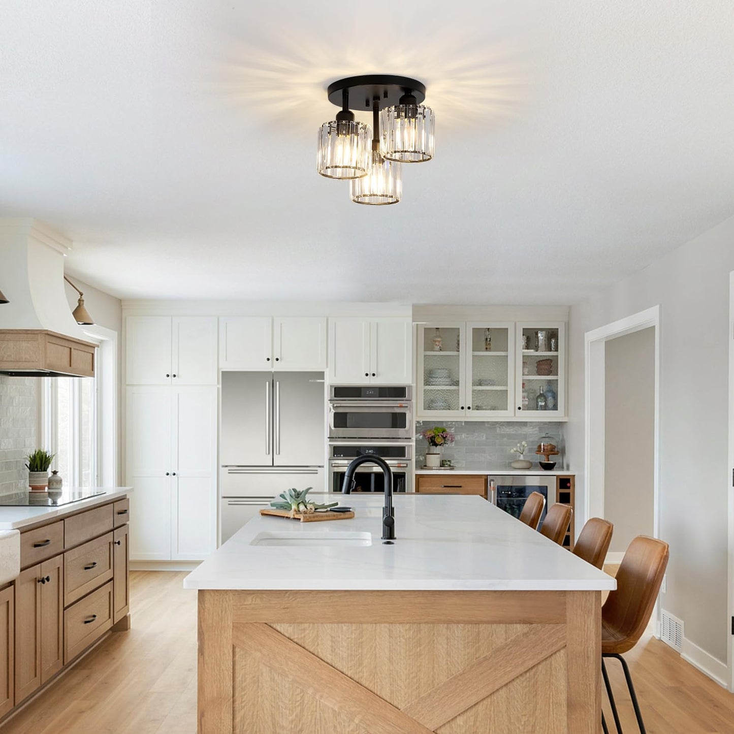 3-Light Crystal Semi Flush Mount Ceiling Light | Black Modern Fixture for Kitchen, Hallway & Bedroom