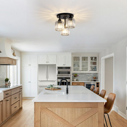 3-Light Crystal Semi Flush Mount Ceiling Light | Black Modern Fixture for Kitchen, Hallway & Bedroom