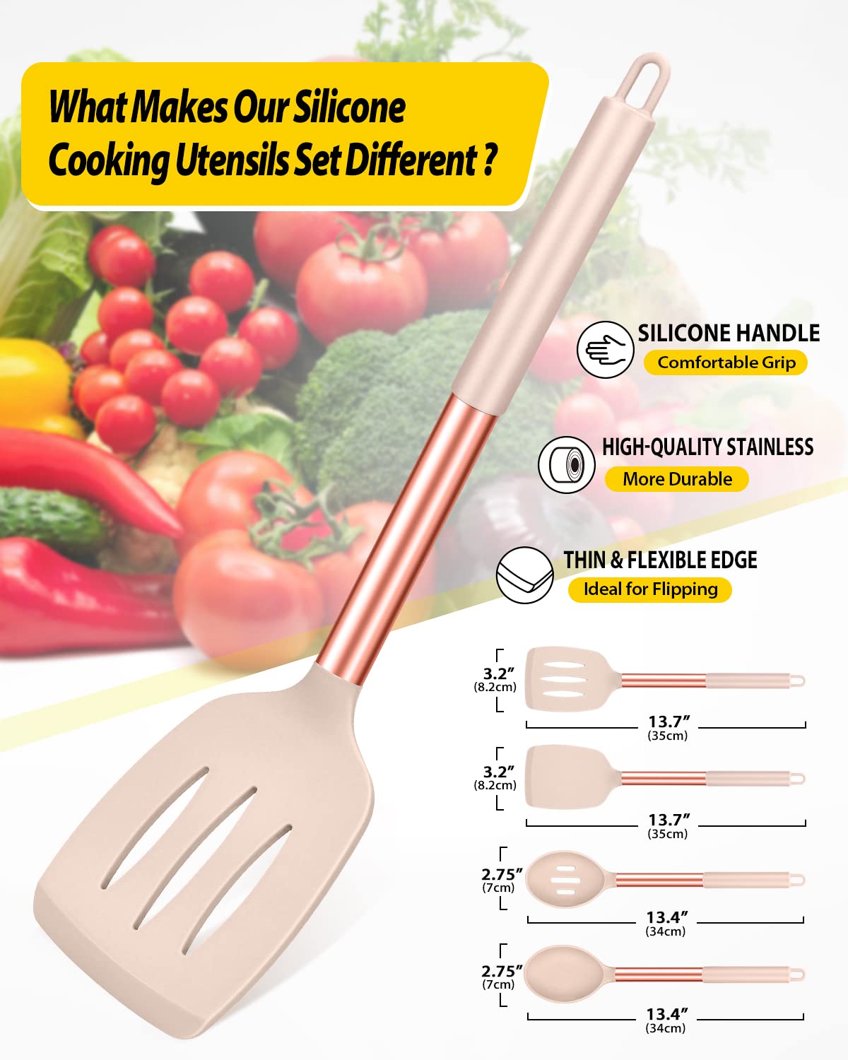 Pack of 4 Silicone Cooking Utensils Set, Non Stick Large Solid Spatulas, Heat Resistant Rose Gold Khaki Slotted Spoons, Ideal BPA Free Kitchen Turners for Frying, Mixing,Serving,Draining,Turning