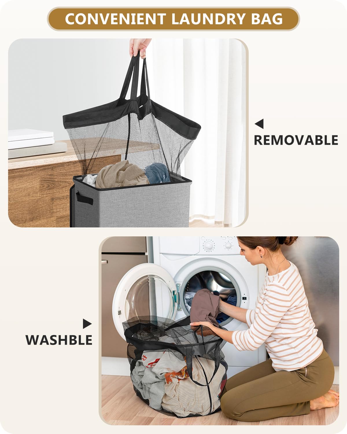 Panier à linge SOLEDI noir avec couvercle et sac amovible - Grand panier à linge pliable de 100 L avec poignée pour le rangement des vêtements et des jouets - Panier à linge sale pour chambre, salle de bain, dortoir 