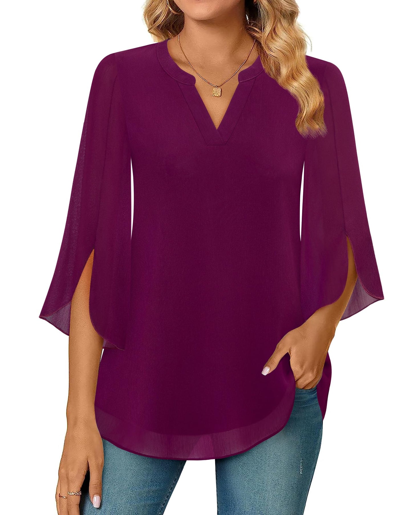 Timeson Women's 3/4 Sleeve Chiffon Blouse Shirt V Neck Dressy Tunic Tops