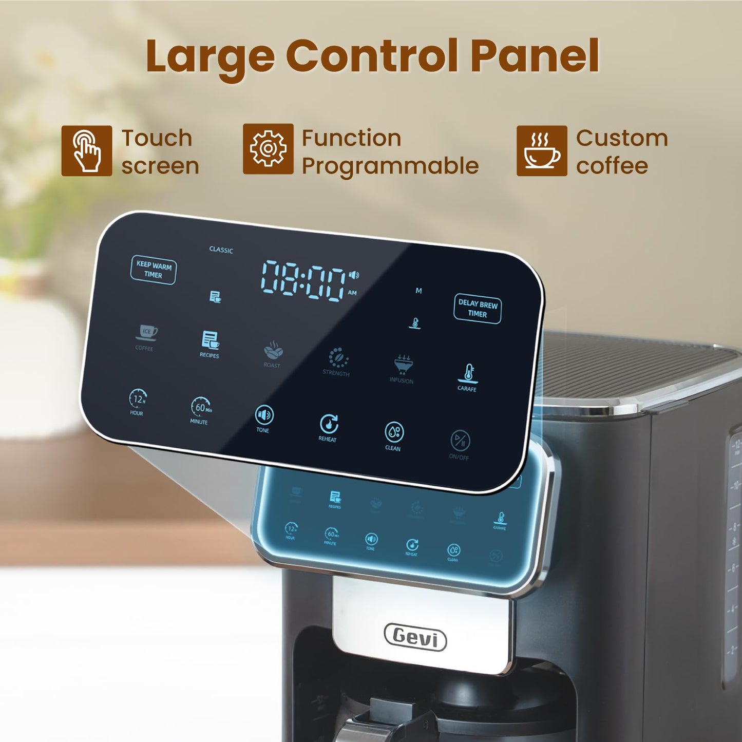 Cafetière à filtre programmable Gevi 12 tasses avec écran tactile, infusion rapide et puissante, arrêt automatique, plaque de maintien au chaud pendant 4 heures, option café glacé, système anti-goutte, filtre permanent 