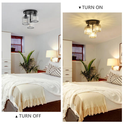 3-Light Crystal Semi Flush Mount Ceiling Light | Black Modern Fixture for Kitchen, Hallway & Bedroom