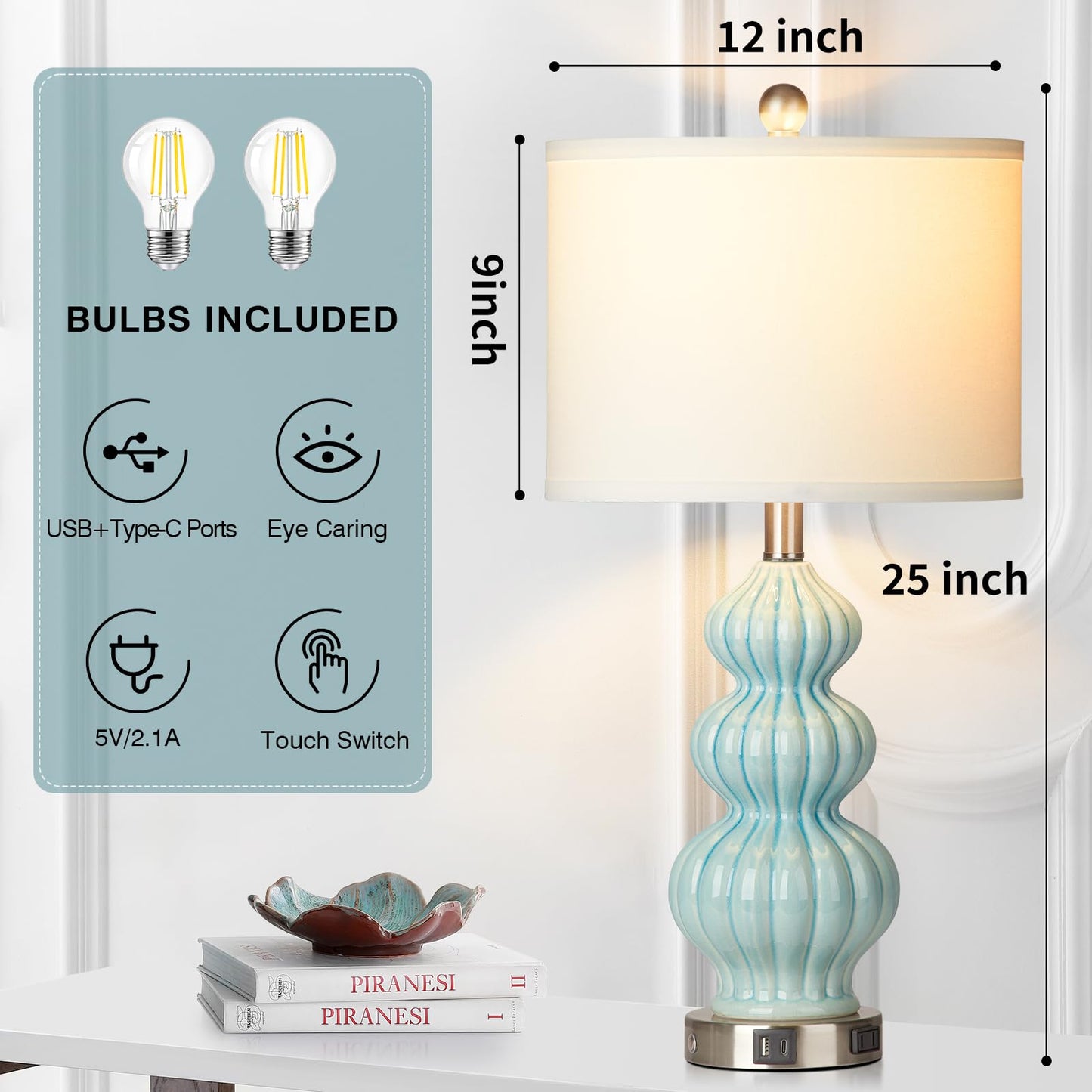 27" Glass Table Lamps Set of 2 with Nightlight, 3 Way Touch Control Modern Bedside Lamps with USB A+C Ports & AC Outlet, Boho Yellow Nightstand Lamps for Bedroom Living Room