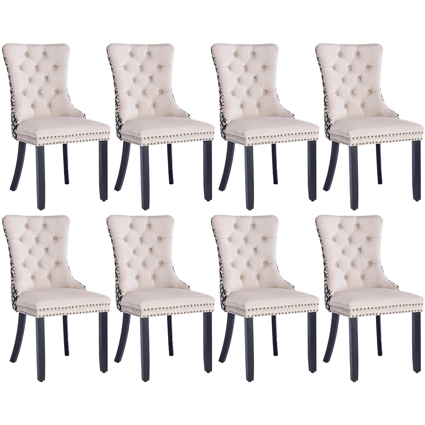 SoarFlash Leather Dining Chairs Set of 8, Tall Back Side Chair, Modern Upholstered Side Chair with Button Back Ring, Solid Wood Legs (Black&Grey)