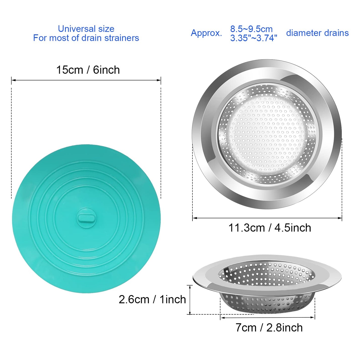 V-TOP Sink Strainer Stopper 4 Pack, Universal Silicone Kitchen Sink Drain Strainer Cover Plug Stopper Kit, 4.5 Inch Stainless Steel Sink Filter Strainer, Food Catcher for Kitchen Sink