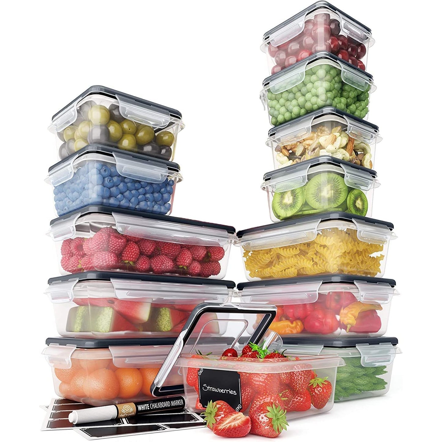 Chef's Path 32 Piece Plastic Food Storage Containers with Lids (16 Lids + 16 Containers), Airtight Plastic Containers for Pantry & Kitchen Organization - Kitchen Storage Containers - Food Containers