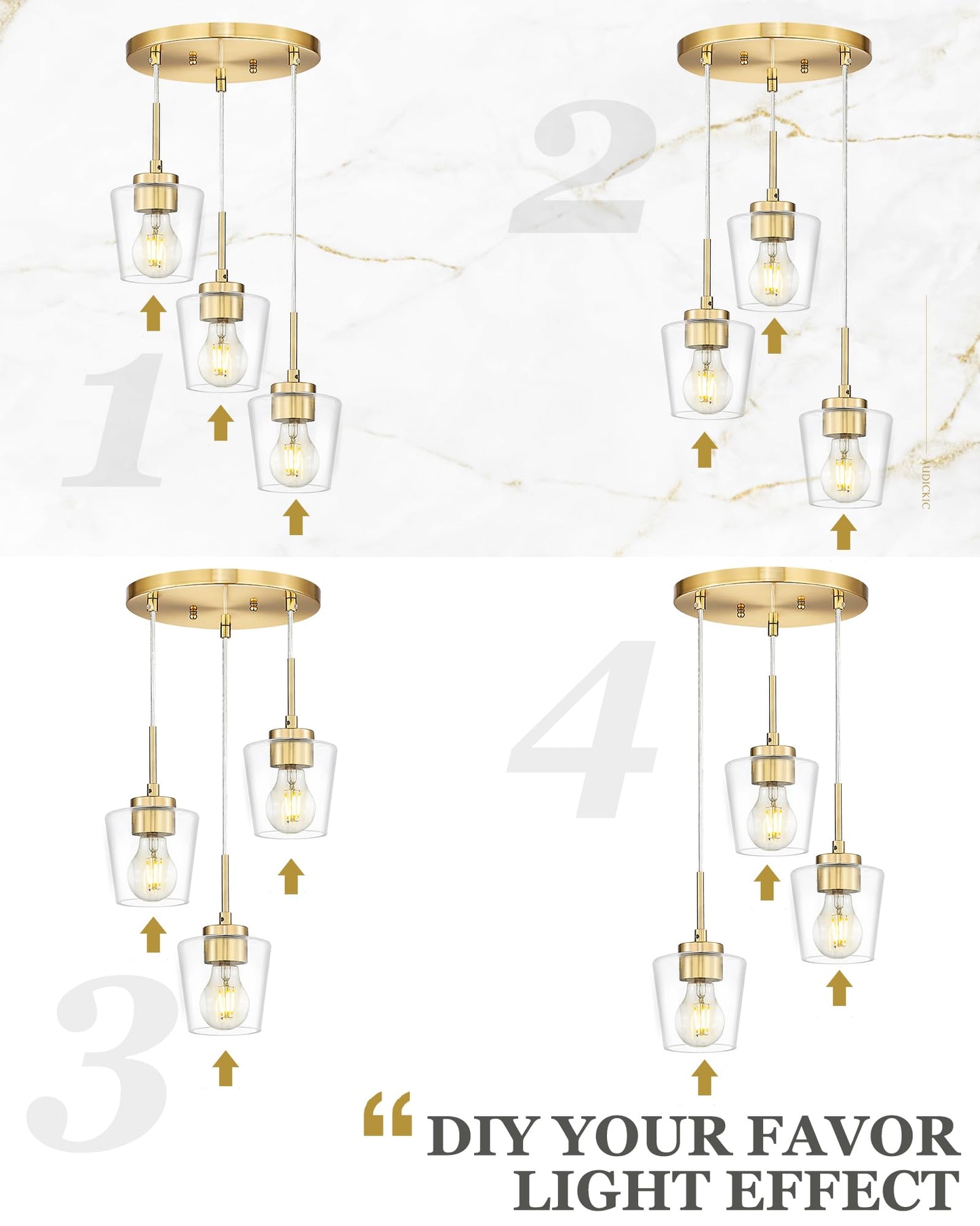 3-Light Pendant Light Fixtures, Brushed Gold Dining Room Light Fixture Over Table, Adjustable Kitchen Island Lighting with Milk White Glass, Farmhouse Hanging Light Fixture, AD-22004-3P-GD