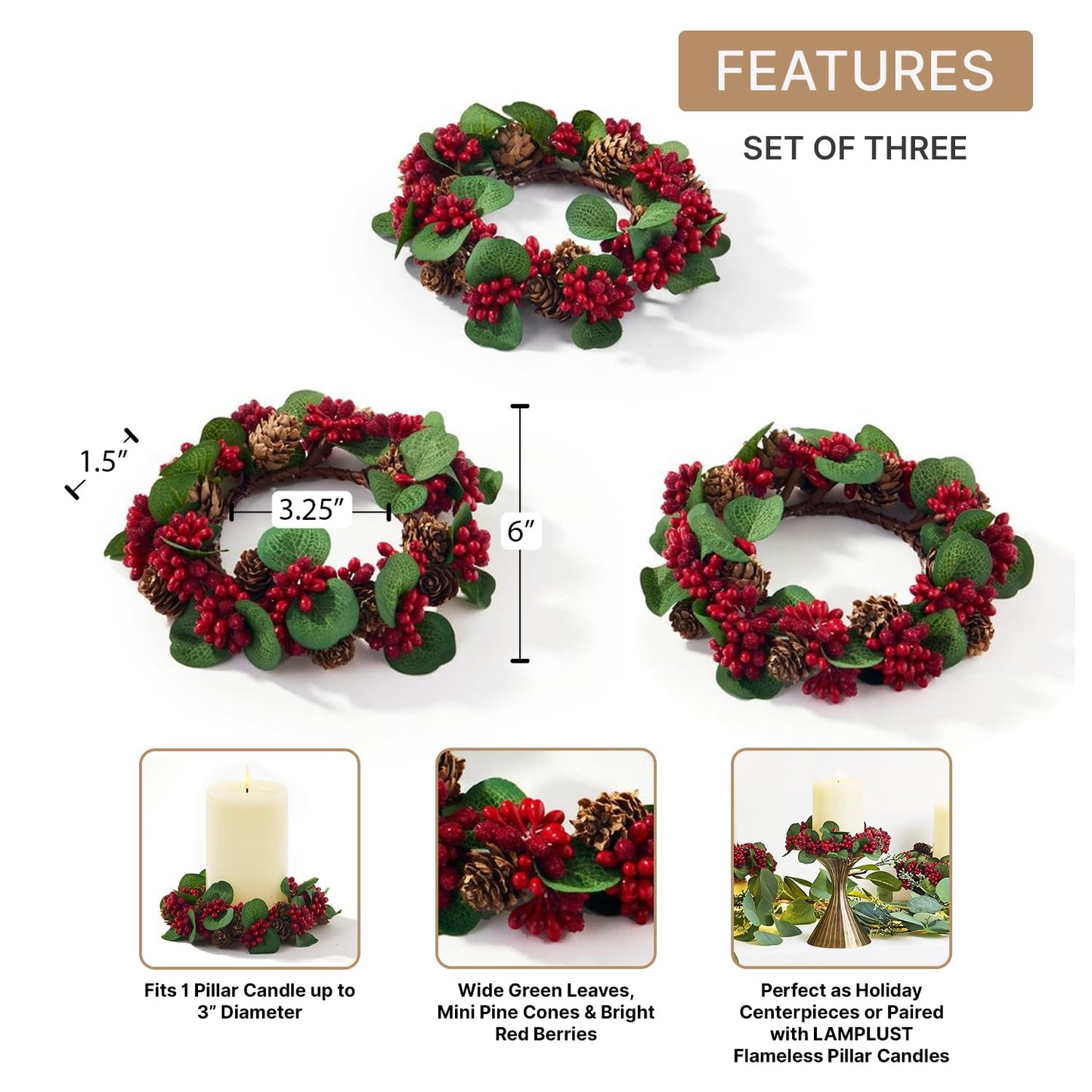 LampLust Christmas Candle Rings Wreaths, Set of 3, Mini Wreath with Mini Pine Cones & Red Berries, Fits 3 Inch Pillar Candles, Candle Rings for Pillars, Christmas Table Decor, Holiday Decorations