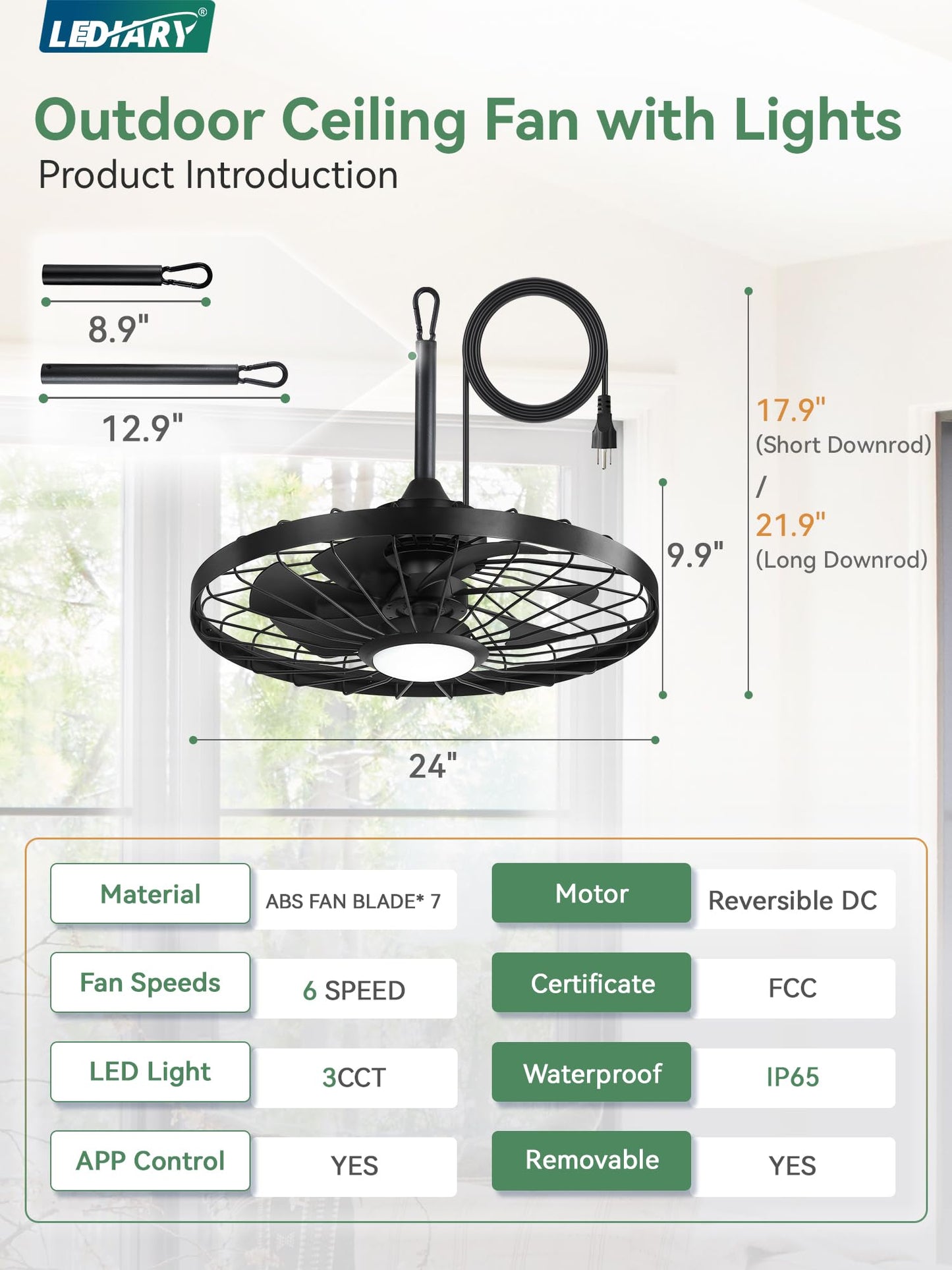 Outdoor Hanging Ceiling Fan with Light – 3CCT, 6-Speed, IP65