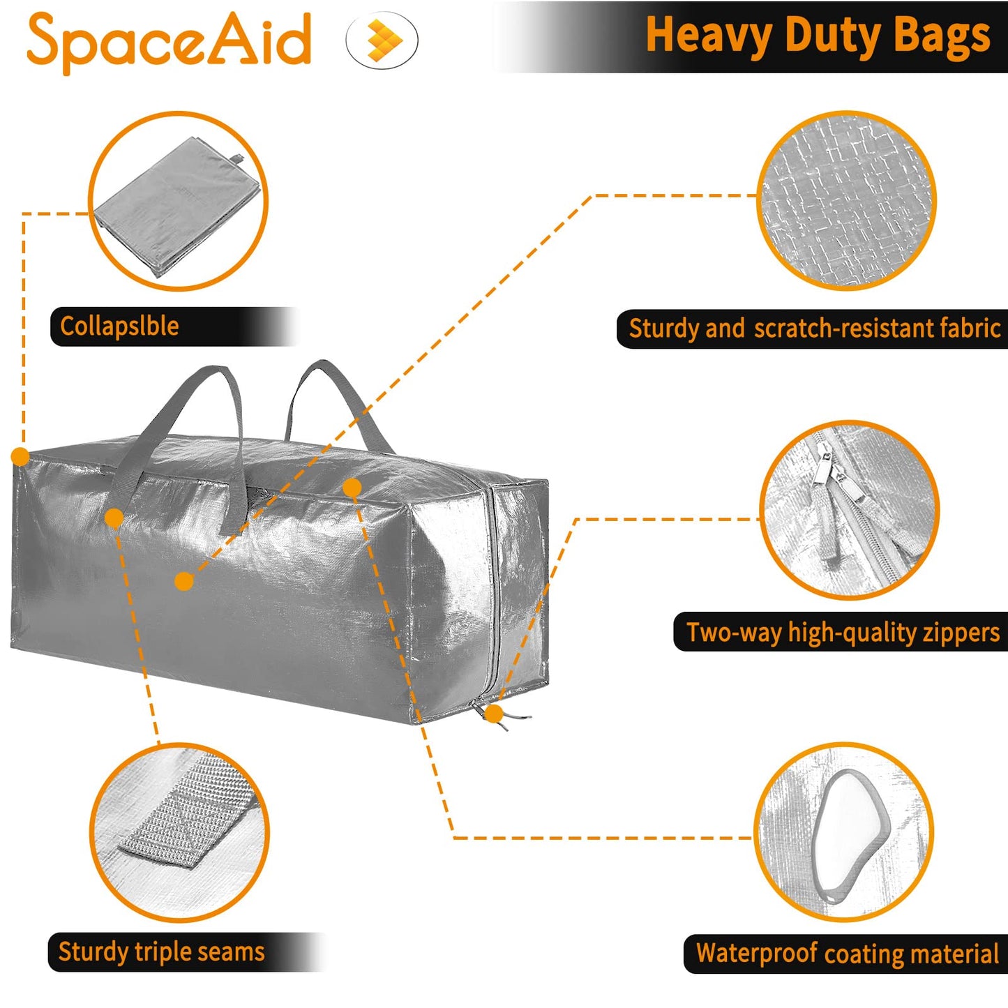 Sacs de déménagement robustes SpaceAid, sacs de rangement extra larges avec sangles de sac à dos, poignées et fermetures à glissière solides, alternative aux cartons de déménagement, fournitures d'emballage et de déménagement, noir (lot de 10) 