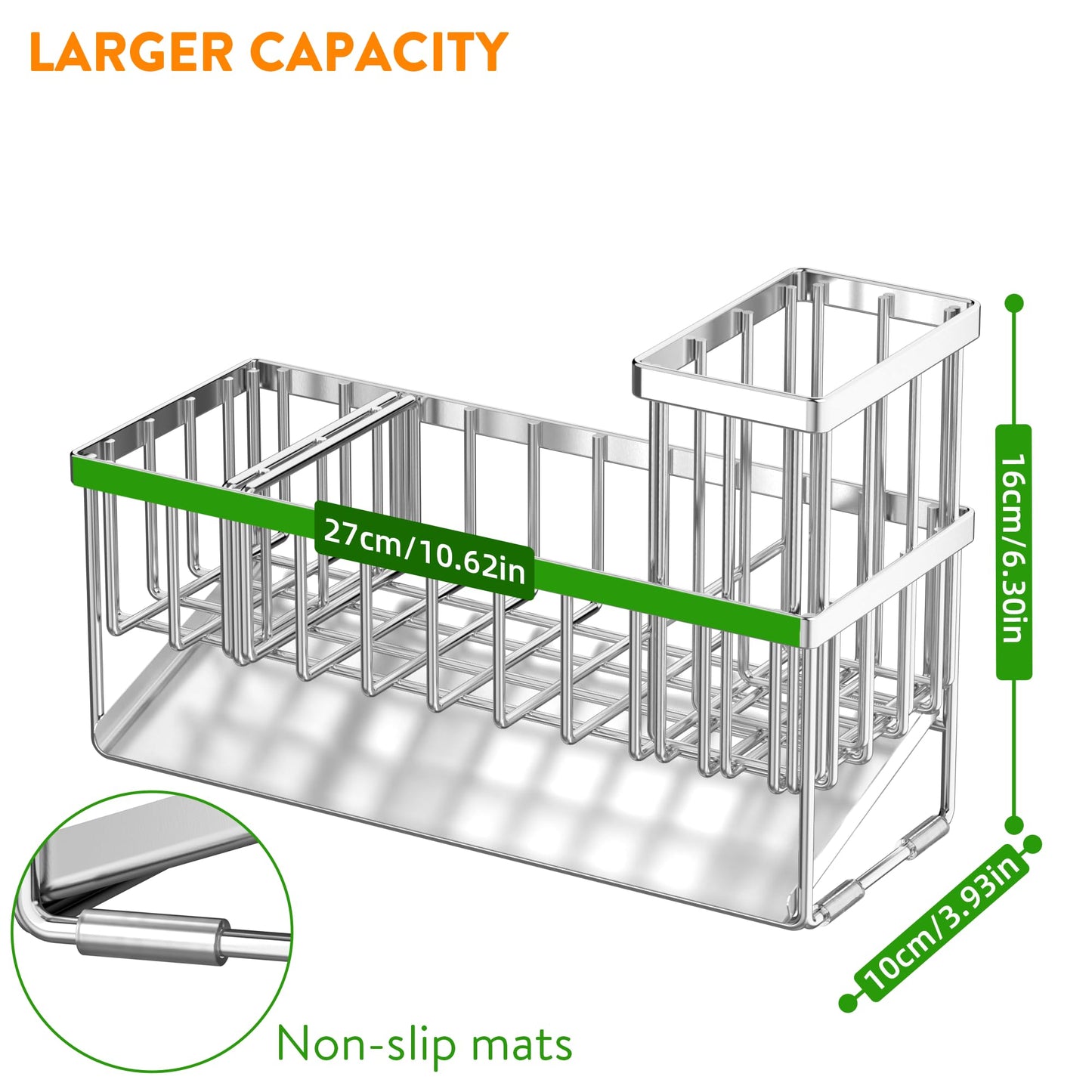 Kitchen Sink Caddy Organzier with High Brush Holder, Sponge Holder for Sink, 304 Rustproof Stainless, Kitchen Countertop Soap Dispenser Organizer, Kitchen Decor and Accessories