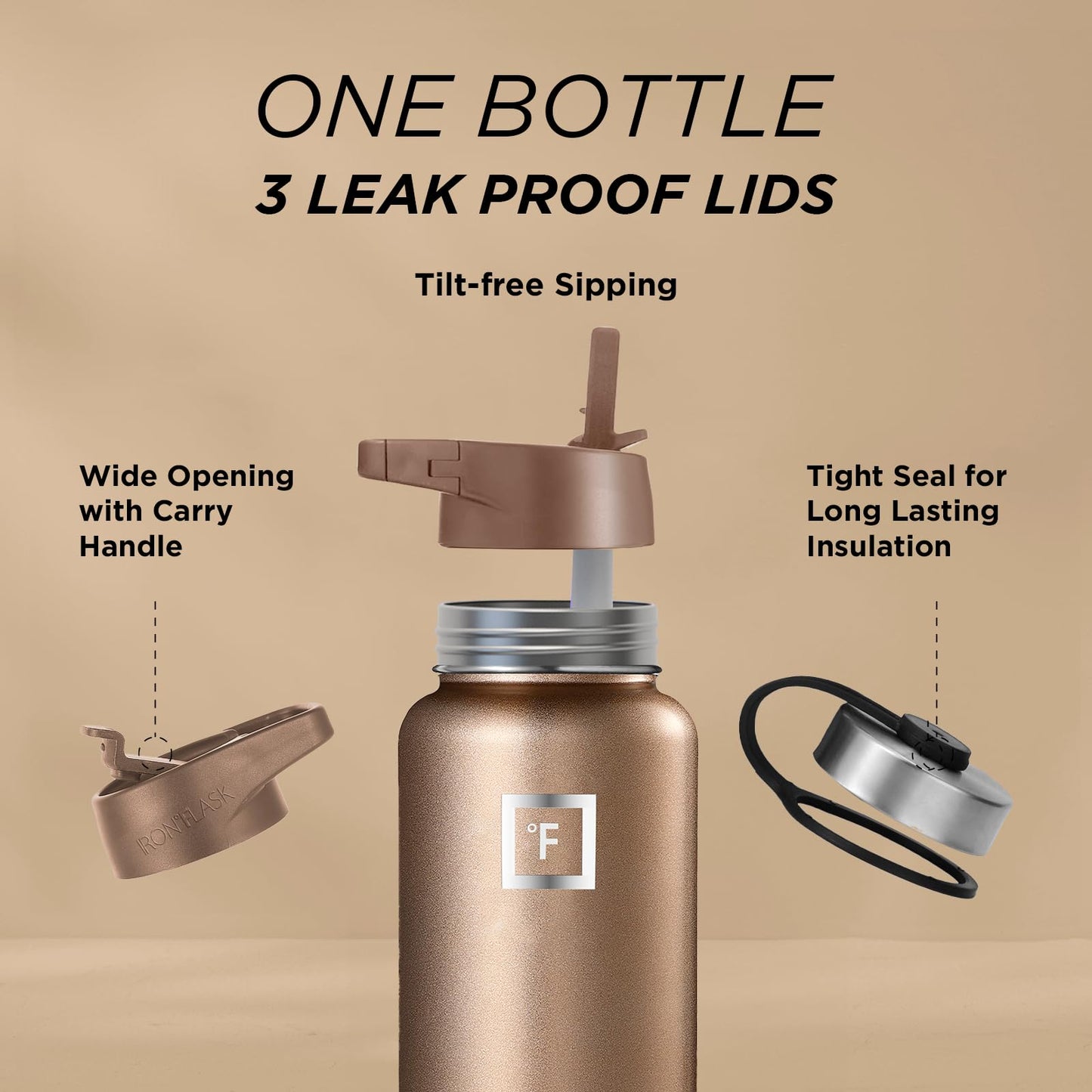 Bouteille d'hydratation de camping et de randonnée IRON °FLASK avec 3 couvercles - Bouteille d'eau en acier inoxydable, à double paroi et isolée sous vide - Anti-fuite et sans BPA (Dark Night, Straw - 32 oz) 