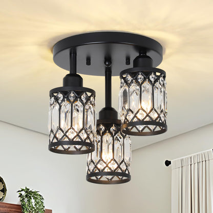 3-Light Crystal Semi Flush Mount Ceiling Light | Black Modern Fixture for Kitchen, Hallway & Bedroom