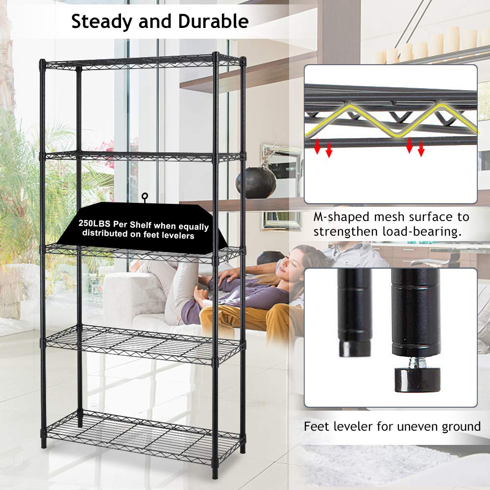 Étagères de rangement en métal robustes et réglables à 5 niveaux, capacité de 250 par étagère, étagère métallique de 36" x 14" x 72" pour garde-manger de garage, noir