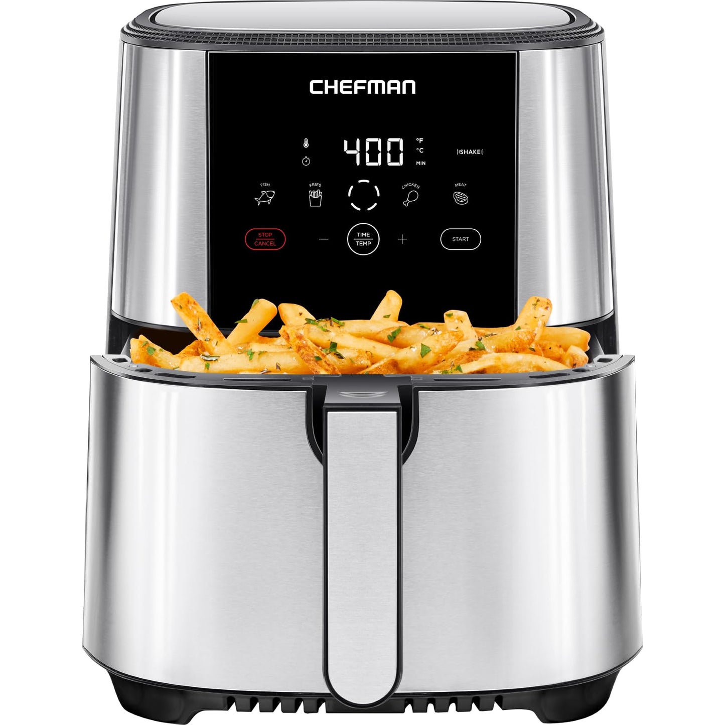 Chefman TurboFry® Touch Heißluftfritteuse, XL 8-Qt Familiengröße, digitale One-Touch-Voreinstellungen, Pommes Frites, Hähnchen, Fleisch, Fisch, antihaftbeschichtete, spülmaschinenfeste Teile, automatische Abschaltung, Edelstahl 