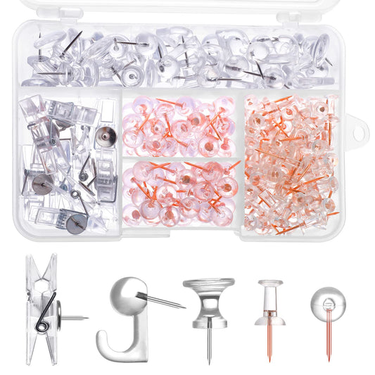 200 Pieces Push Pins Set, 5 Types Clear Thumb Tacks Push Pins for Wall Cork Board Bulletin Boards with Storage Box