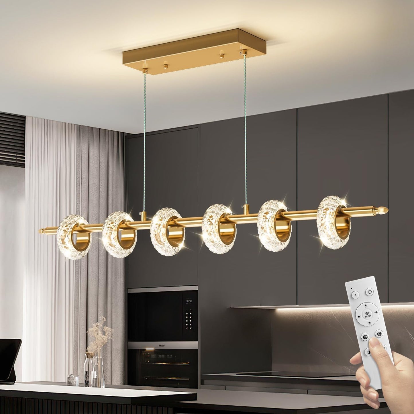 Dimmable Modern LED Chandelier with Remote Control, Crystal Dining Room Light Fixtures Over Table, 3000K-6500K Gold Linear Pendant Light for Kitchen Island