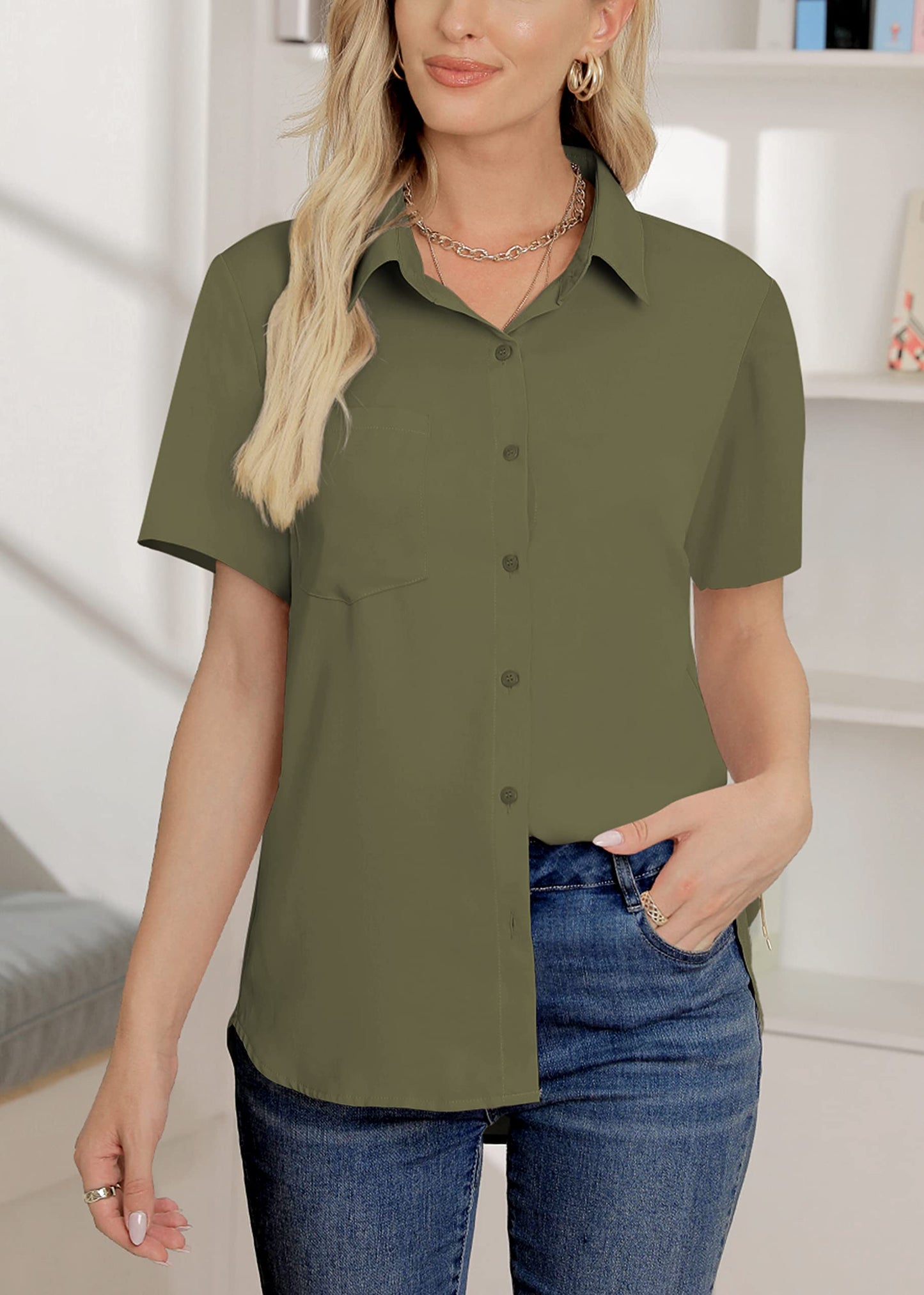 AISEW Damen Casual Button-Down-Hemden V-Ausschnitt Chiffon Lang-/Kurzarm Kragen Büro Arbeitsblusen Tops mit Tasche 