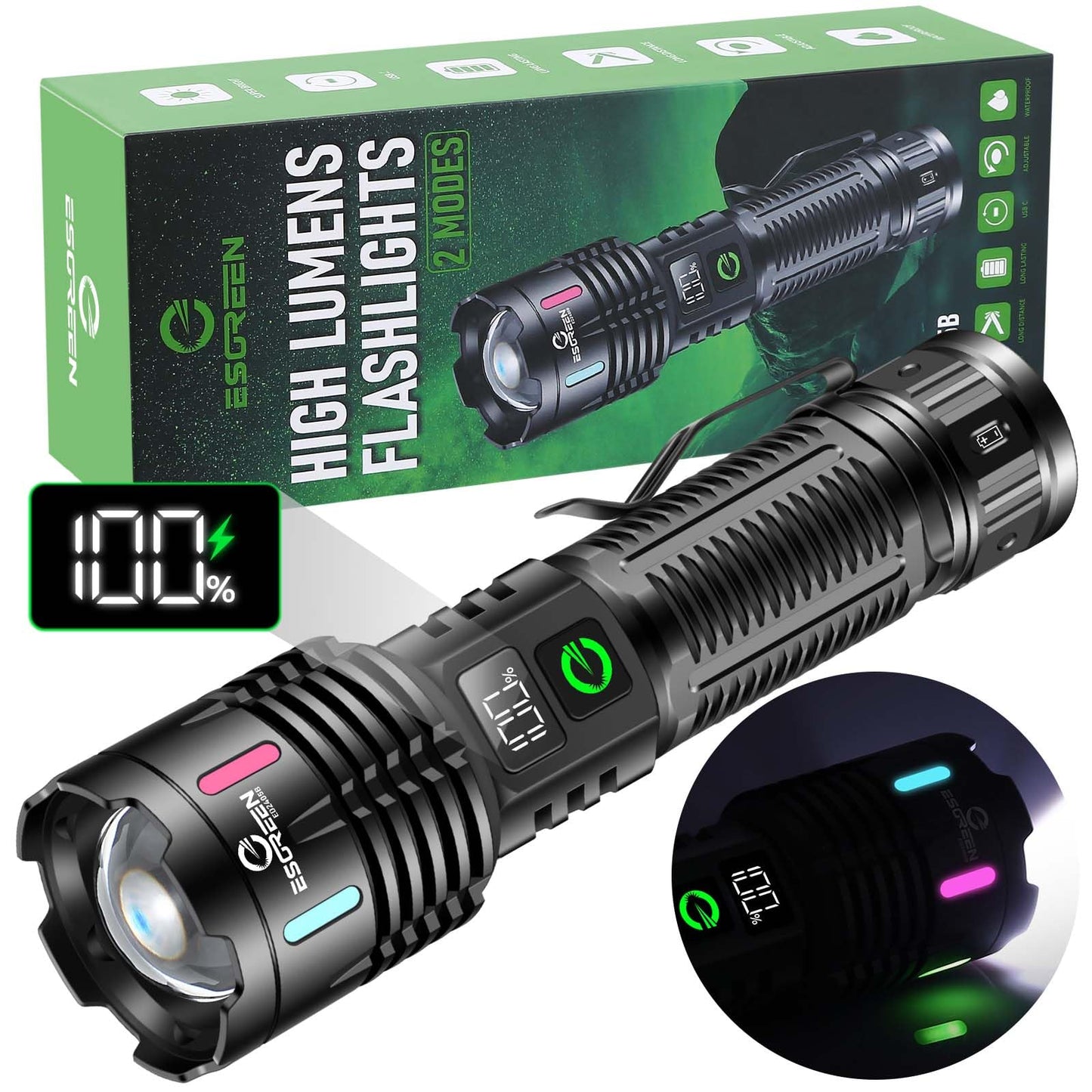 Esgreen Rechargeable Flashlights High Lumens 1000000 Single 2 Modes, Super Bright LED Flashlight USB C Long Distance 3280ft, Powerful Long Lasting 10H Heavy Duty Strong Flash Light for Camping Hiking