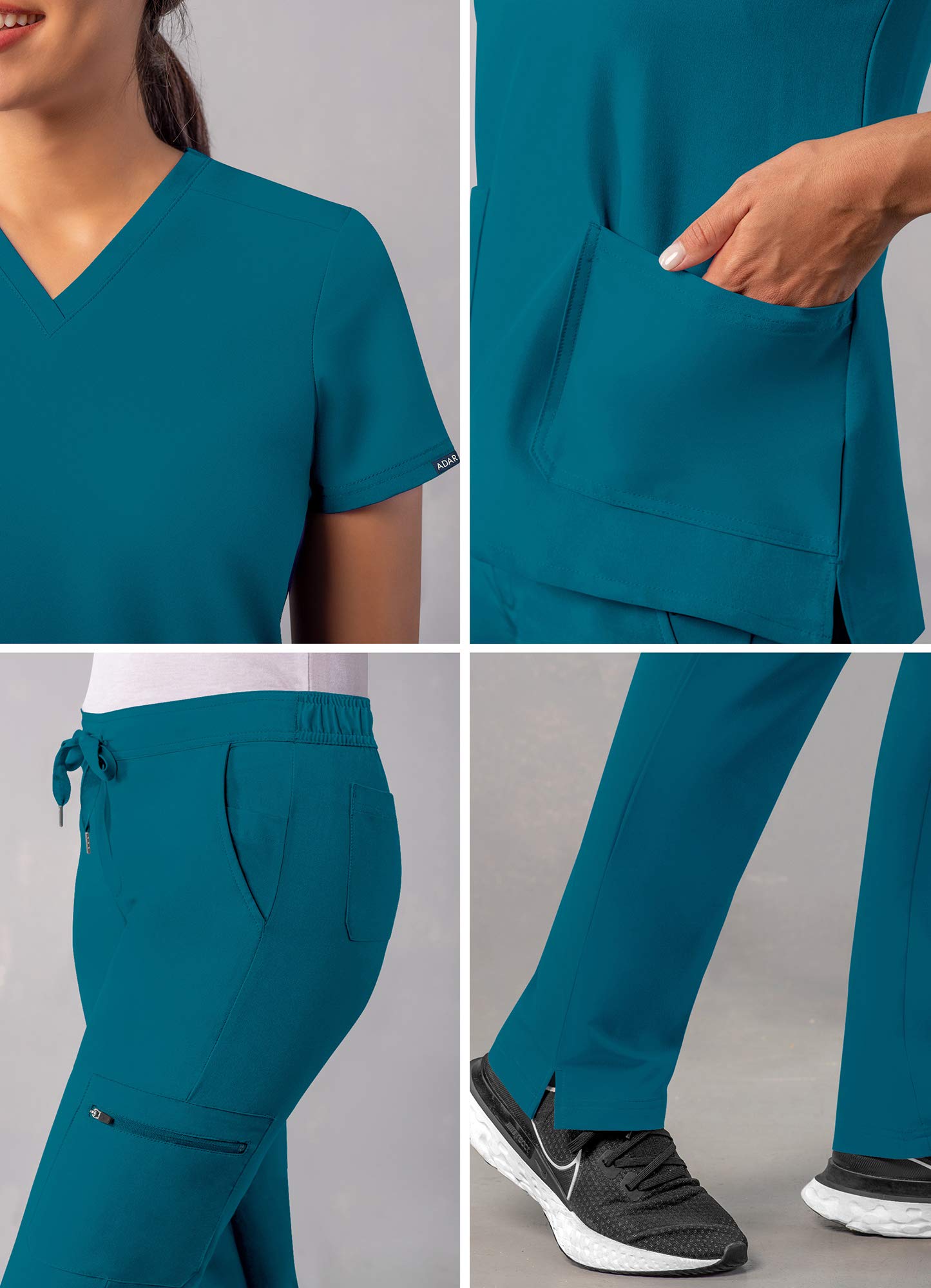 Adar Addition Go-Basic Scrub Set for Women - Slim V-Neck Scrub Top & Skinny Cargo Scrub Pants