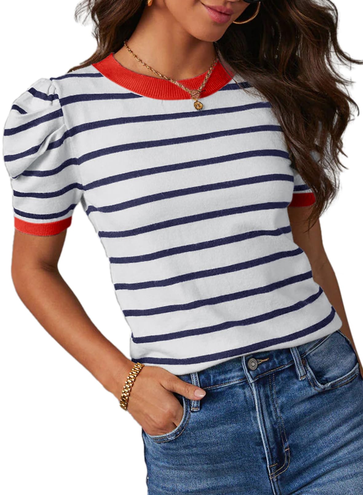 Dokotoo Women's Short Puff Sleeve Knit Tops 2025 Trendy Crewneck Striped T Shirts Casual Summer Blouses