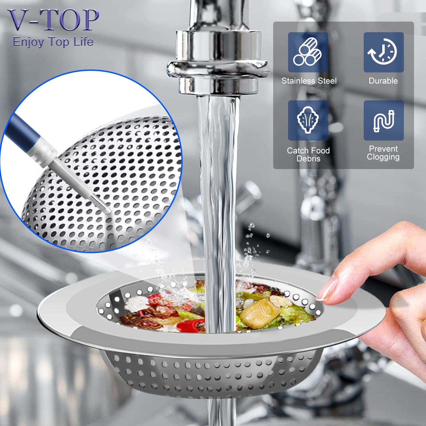 V-TOP Sink Strainer Stopper 4 Pack, Universal Silicone Kitchen Sink Drain Strainer Cover Plug Stopper Kit, 4.5 Inch Stainless Steel Sink Filter Strainer, Food Catcher for Kitchen Sink