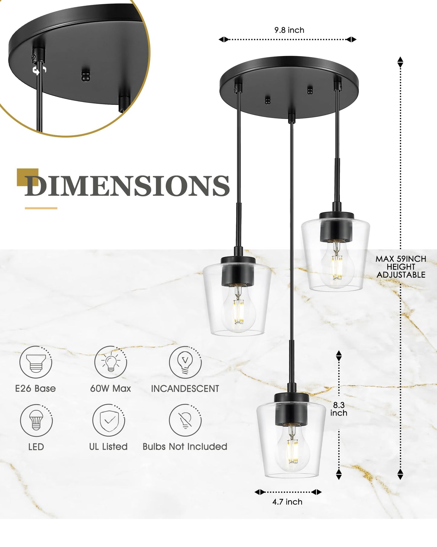 3-flammige Pendelleuchte, gebürstete goldene Esszimmerleuchte über dem Tisch, verstellbare Kücheninselbeleuchtung mit milchweißem Glas, Bauernhaus-Hängeleuchte, AD-22004-3P-GD 